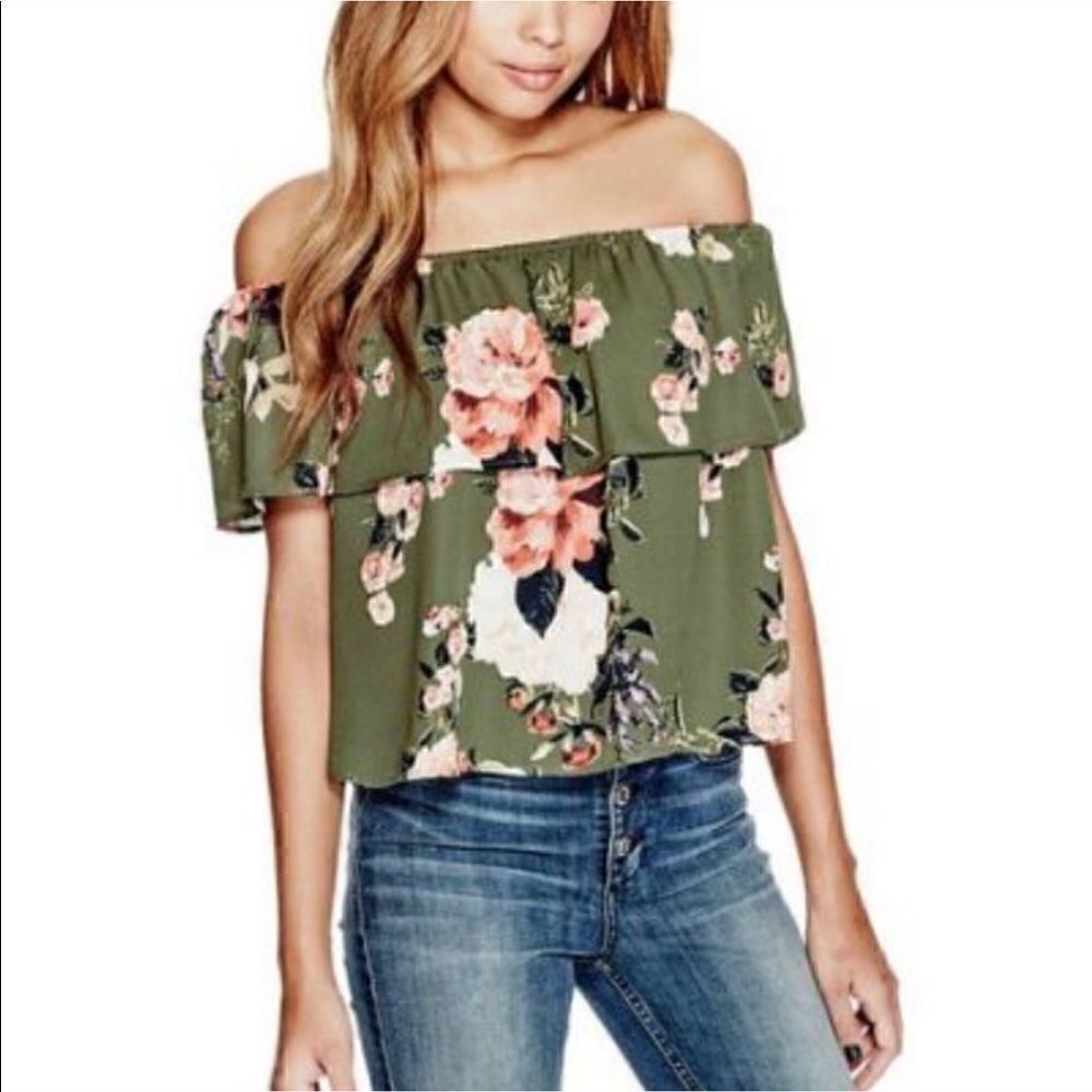 GUESS green  boho spring floral top off shoulder  cold shoulder small